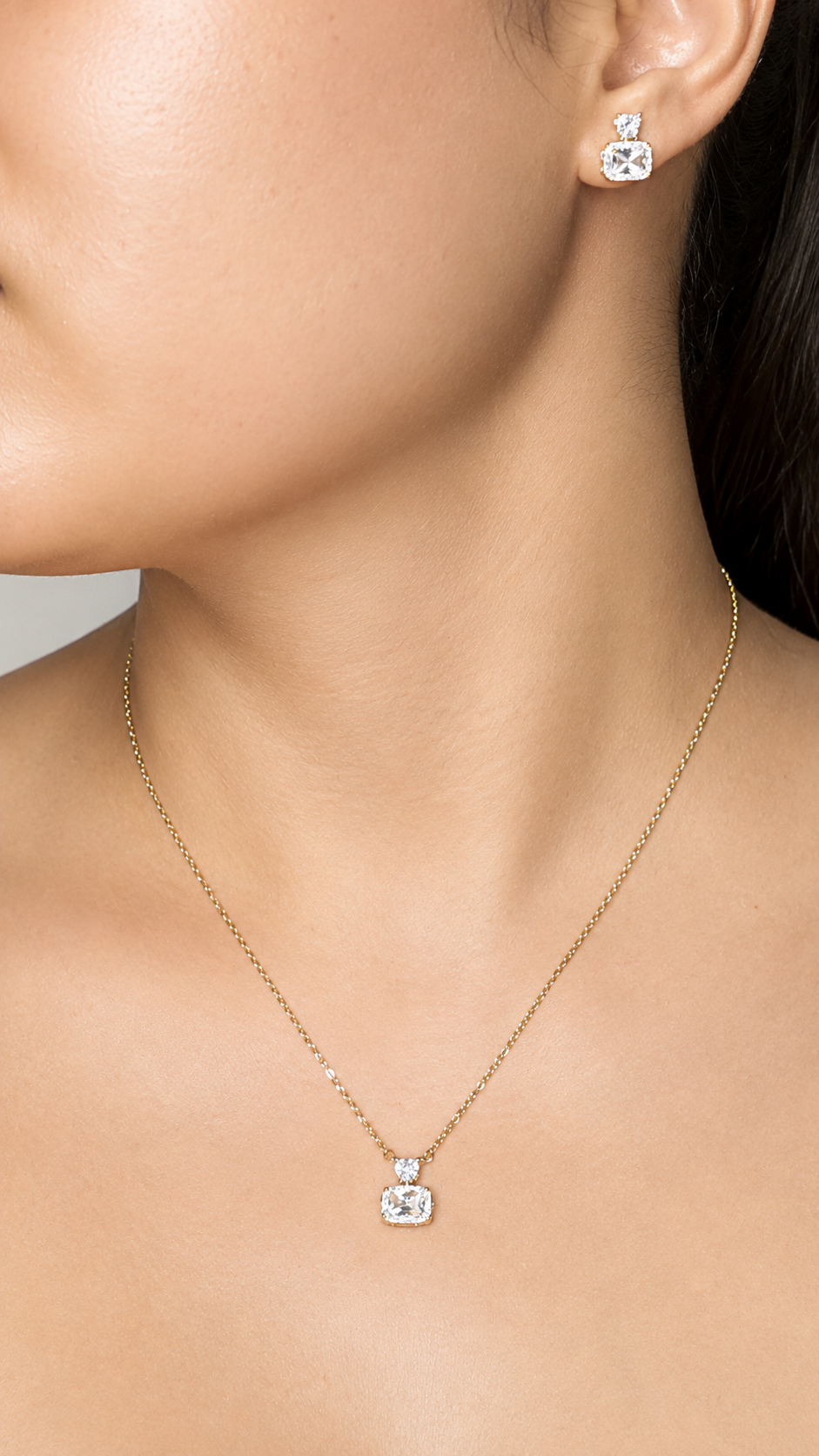 Crystal Cushion Gold Set - Flat Lay with Necklace and Earrings