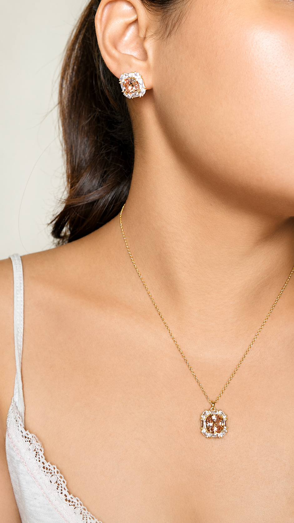 Vintage Treasure Set - Peach-Brown Diamond Halo Necklace Worn